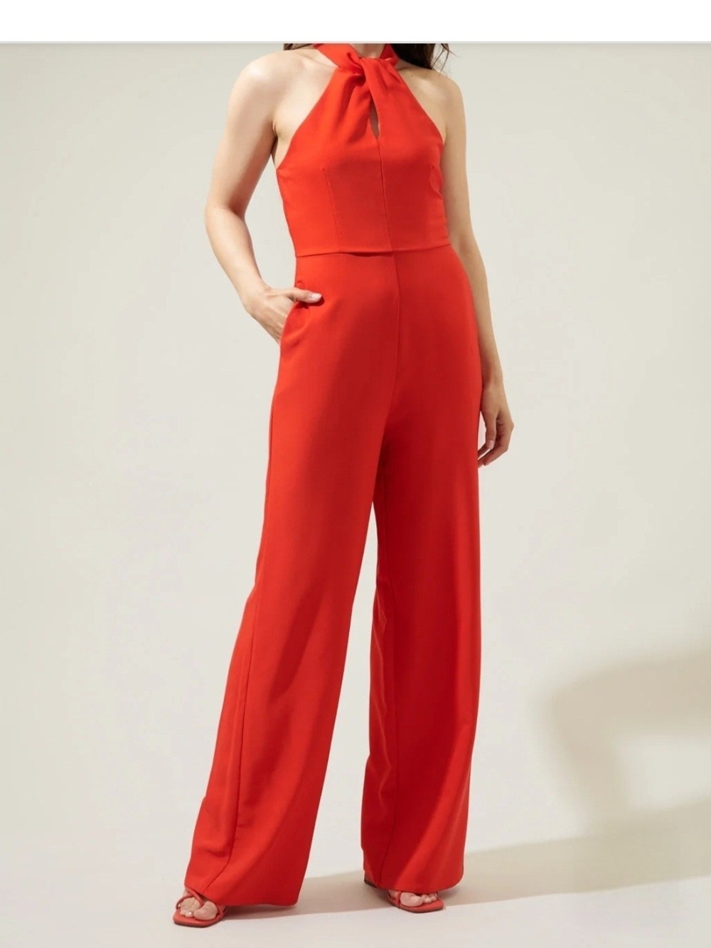 Sugarlips Red Halter Wide-Leg Jumpsuit with Front Keyhole Tie